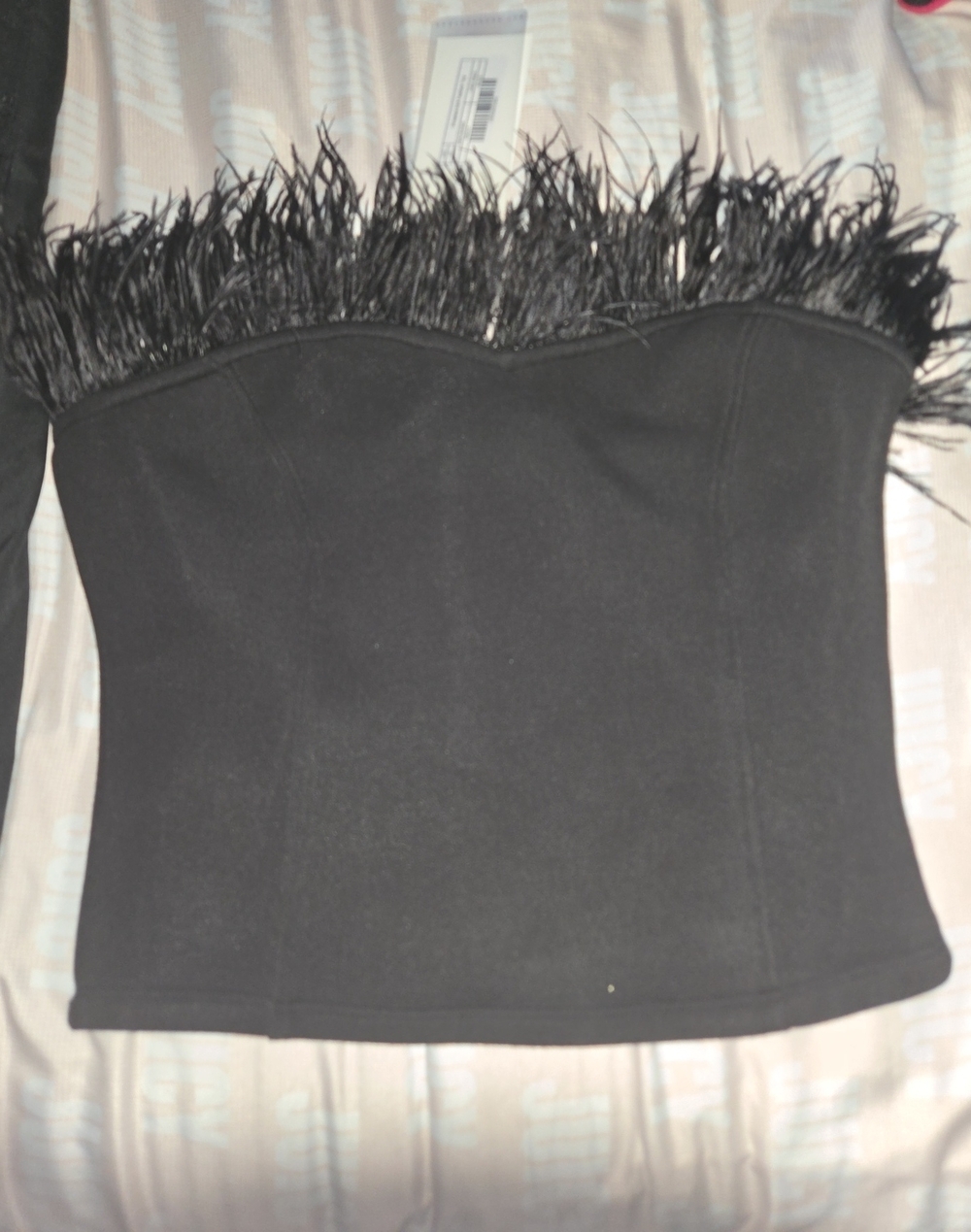 Endless Rose Black Strapless Feather-Trim Bodysuit